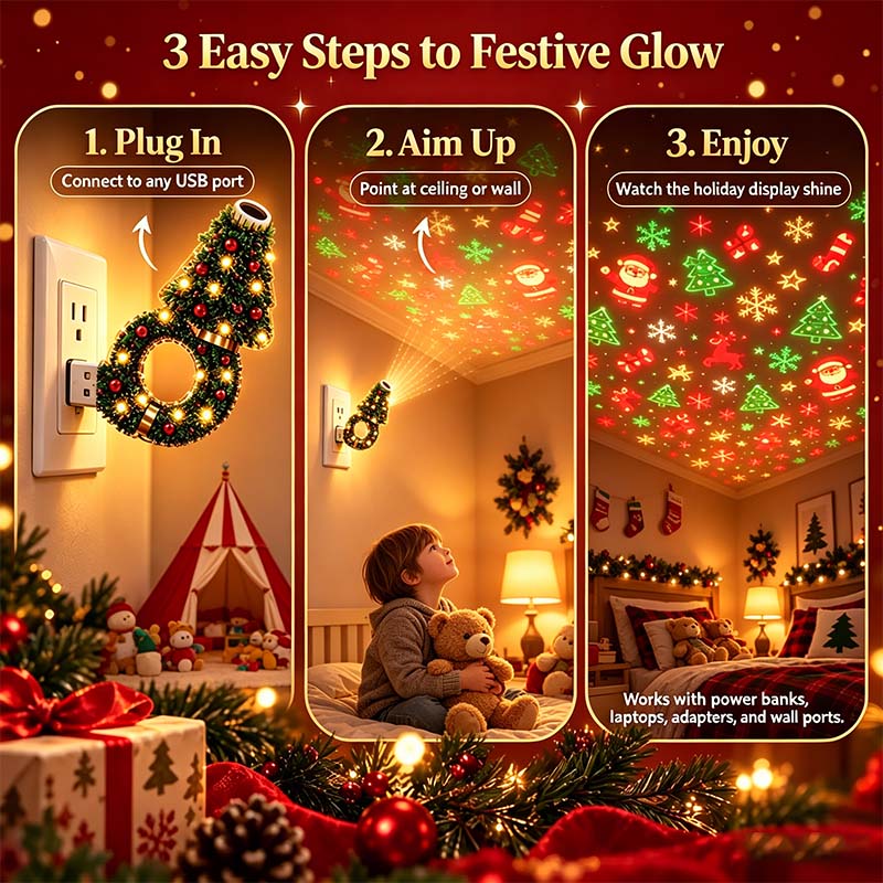SEAGRIL™ USB Plug-In Christmas Projector Night Light, 6+ Holiday Pattern Ceiling Lamp🎄