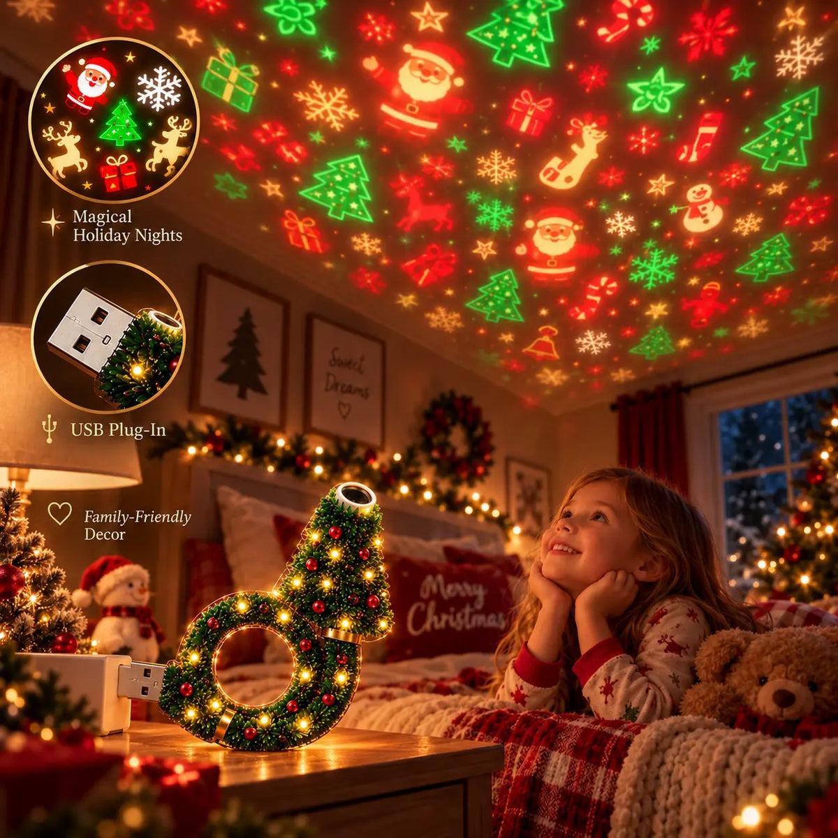 SEAGRIL™ USB Plug-In Christmas Projector Night Light, 6+ Holiday Pattern Ceiling Lamp🎄