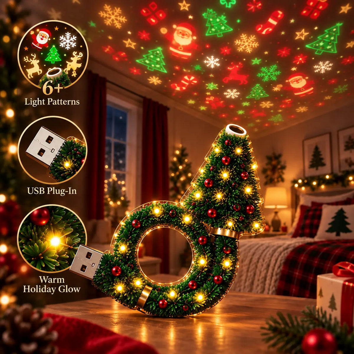 SEAGRIL™ USB Plug-In Christmas Projector Night Light, 6+ Holiday Pattern Ceiling Lamp🎄